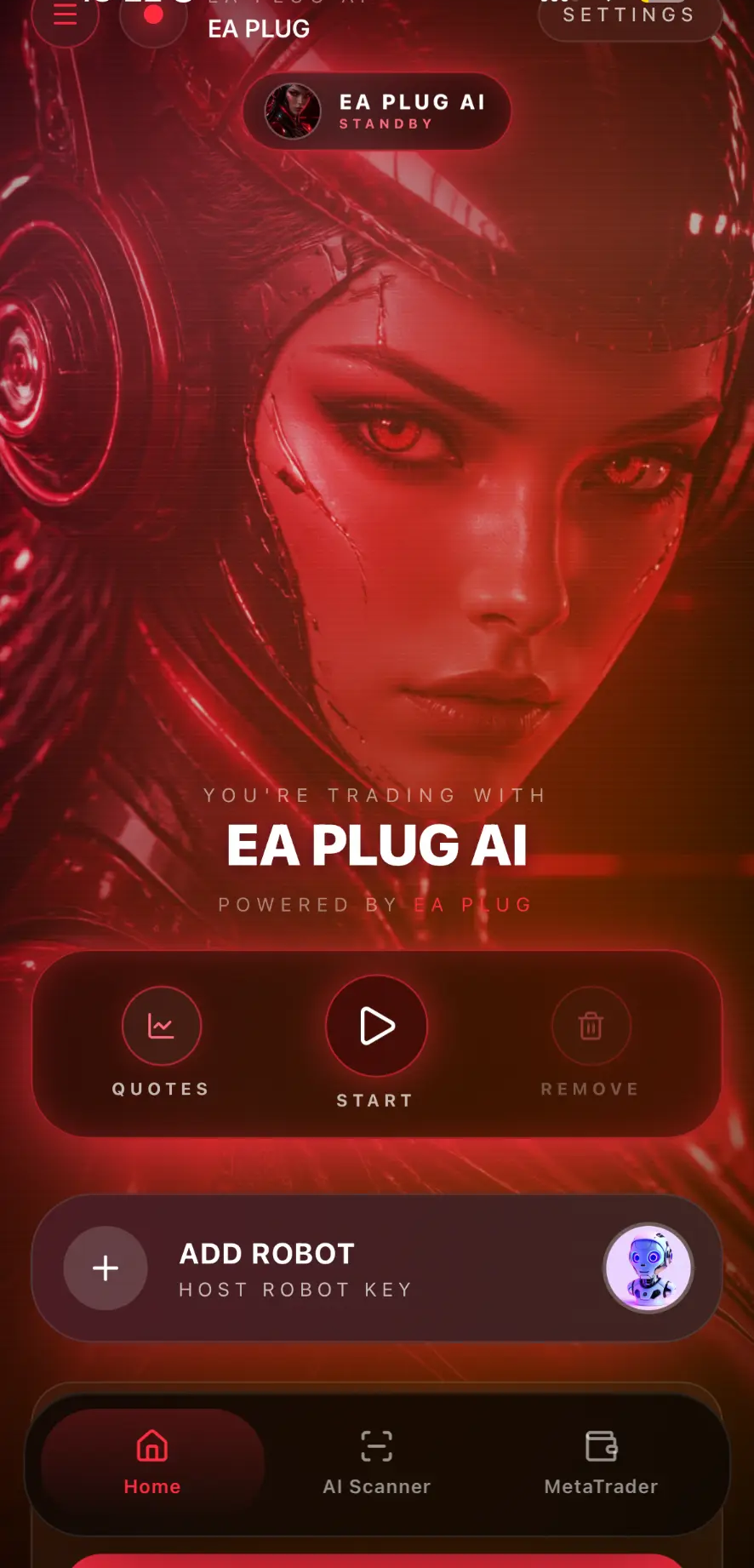 EA PLUG mobile trading app home screen showing the EA PLUG AI robot linked and ready to execute trades